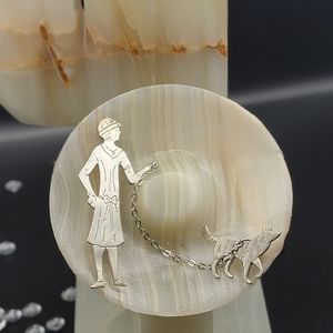 Antique Woman Walking Dog Silver Brooch